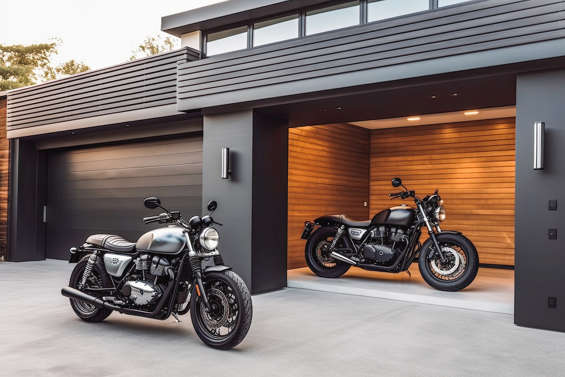 Motorcyklar i modern garage